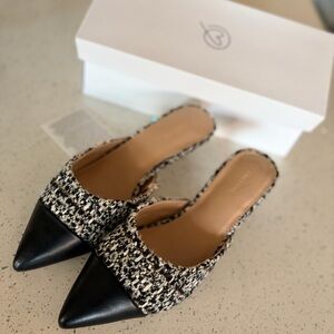 The Drop Chic Black and White Tweed Two-Tone Women's Mules